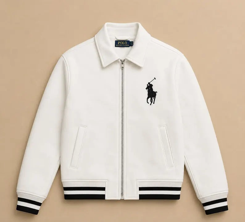 White Cowhide Leather Jacket, Leather Bomber, Equestrian Varsity Jacket, Unisex Polo Style Outerwear