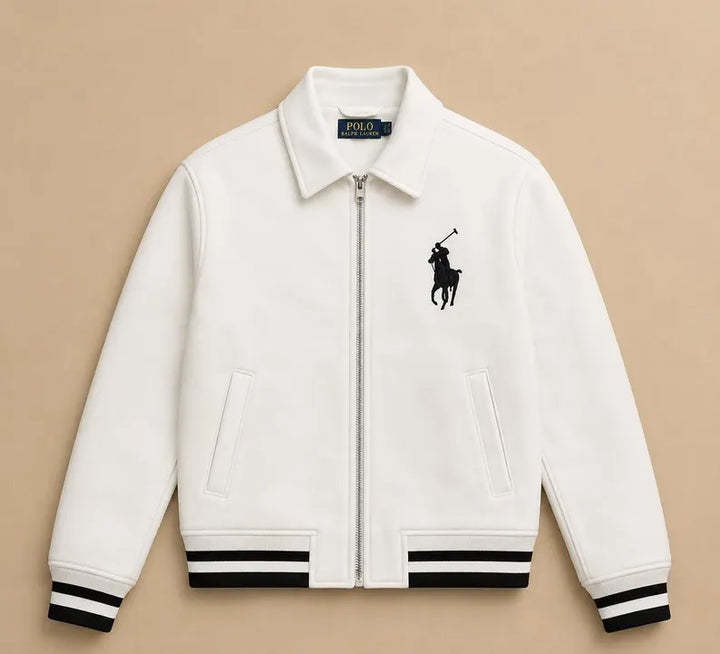 White Cowhide Leather Jacket, Leather Bomber, Equestrian Varsity Jacket, Unisex Polo Style Outerwear