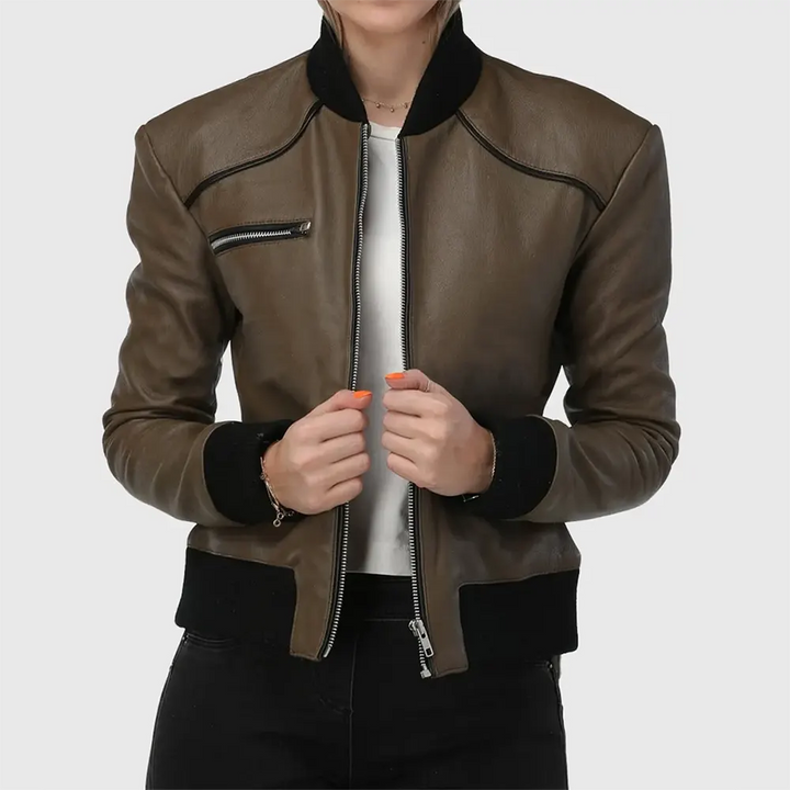 Betty Womens Brown Bomber Leather Jacket