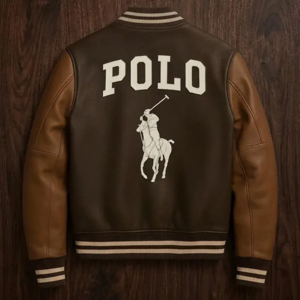 Polo leather Jacket, brown and Tan Cowhide Leather Bomber Jacket, customized Polo jacket, Embroidered patches
