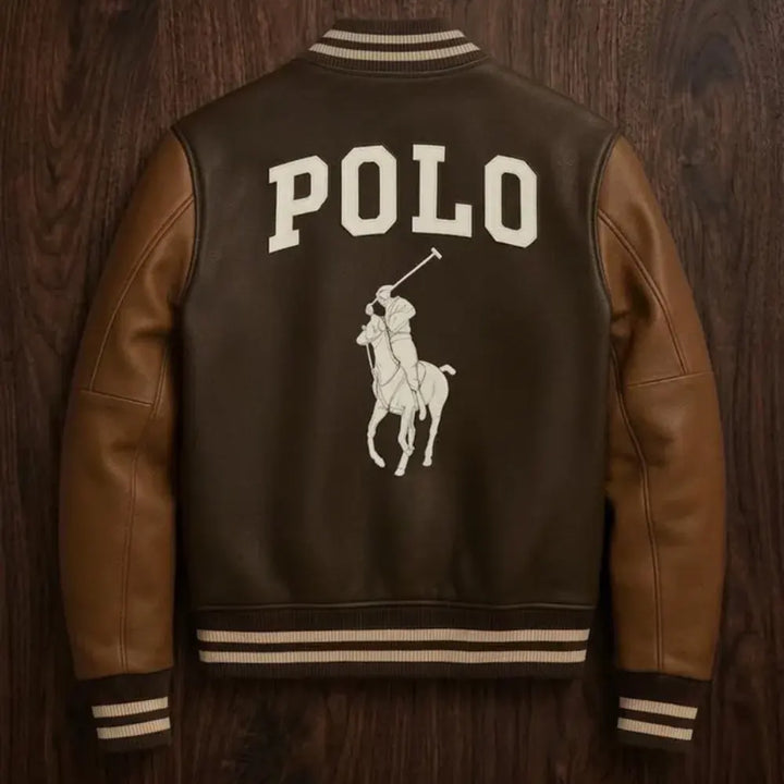 Polo leather Jacket, brown and Tan Cowhide Leather Bomber Jacket, customized Polo jacket, Embroidered patches