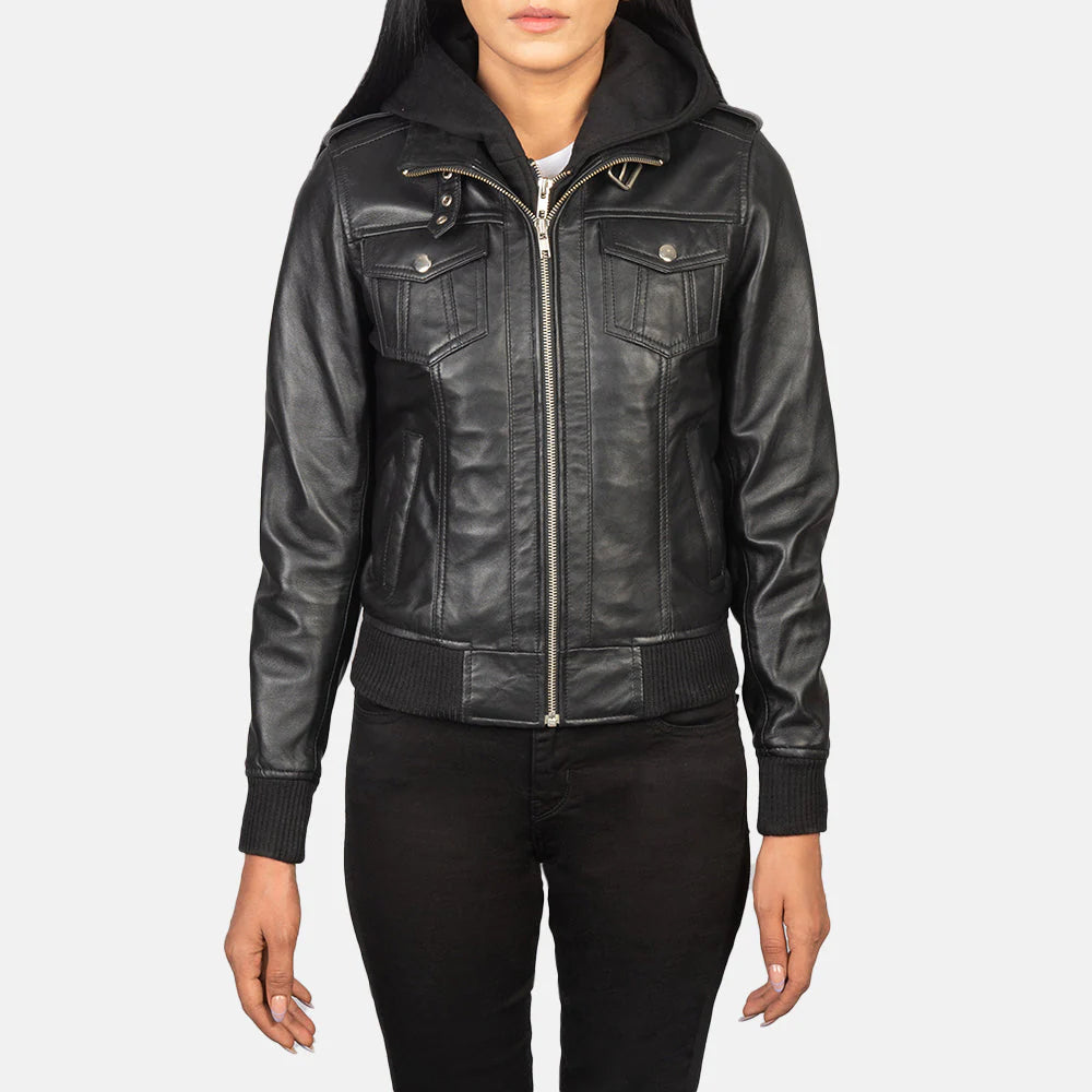 Women’s Slim-Fit Hooded Leather Jacket