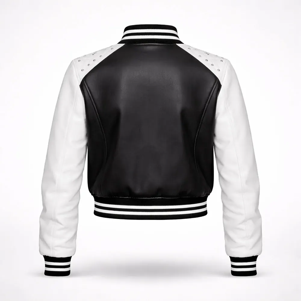 Women's Black & White Faux Leather Varsity Bomber