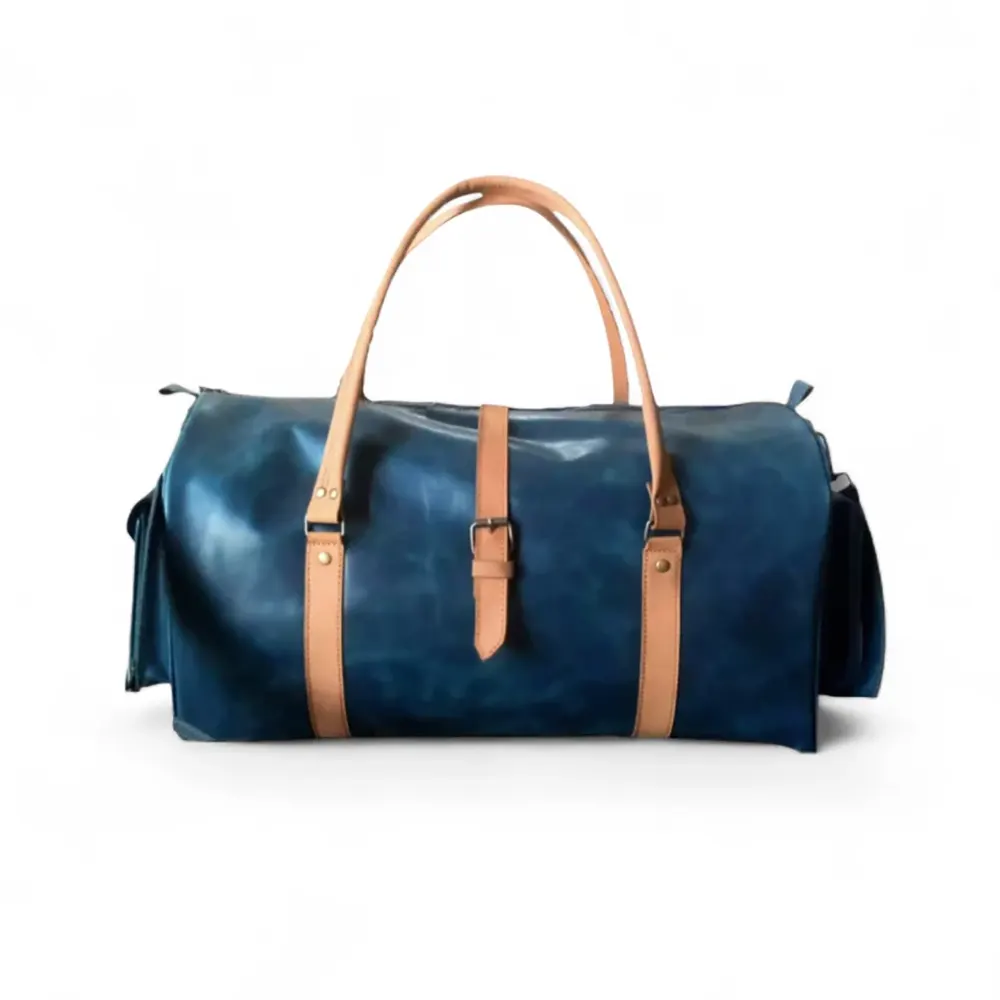 Navy Leather Duffel Bag weekender Premium Cow Pull-Up Travel Holdall