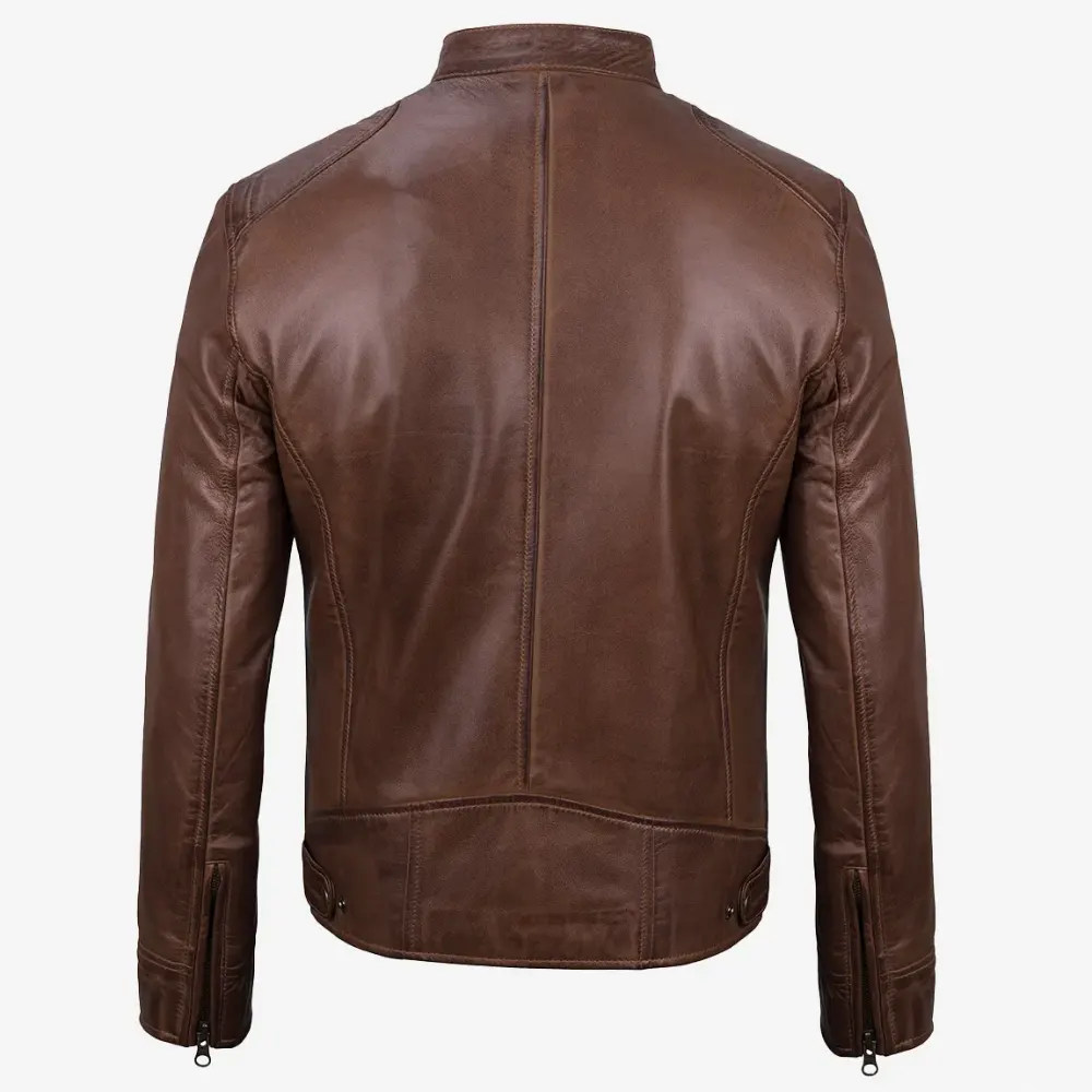 Dodge Men's Cognac Cafe Racer Leather Jacket