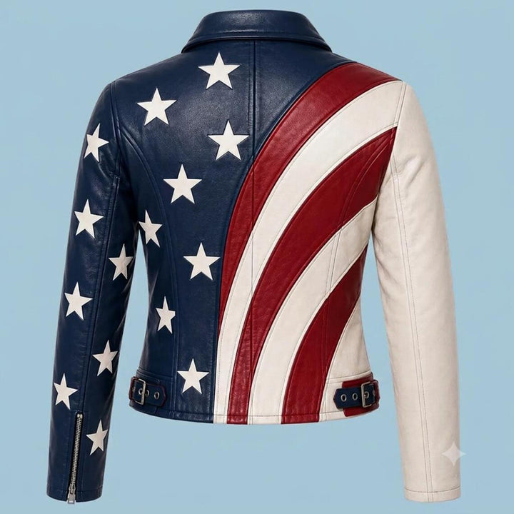 Genuine Cowhide American Flag Biker Jacket Women Stars Stripes Patriotic Real Leather Moto Coat