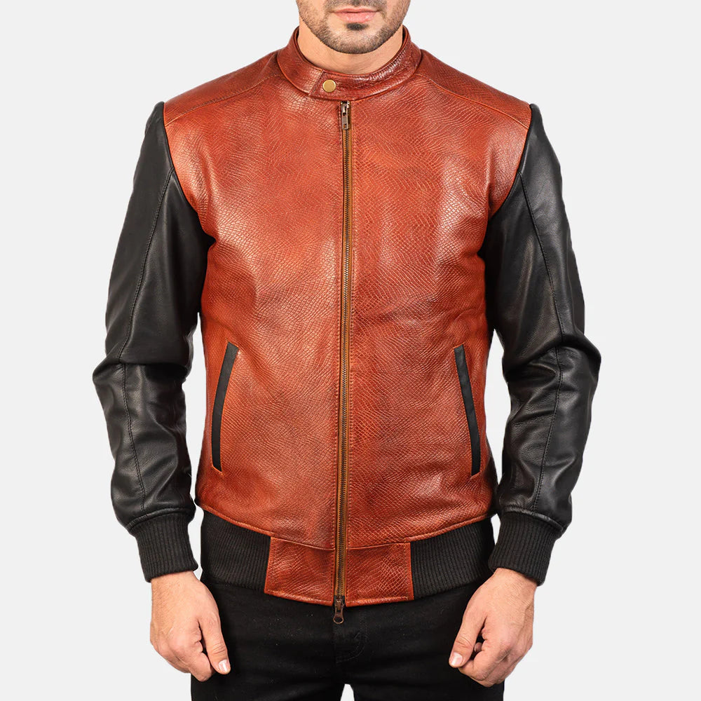 Avan Black & Maroon Biker Leather Bomber Jacket