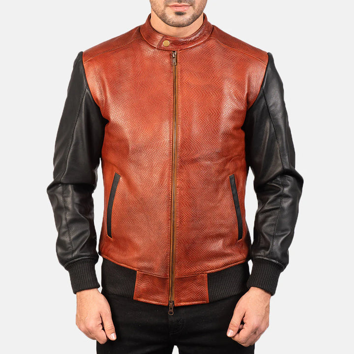 Avan Black & Maroon Biker Leather Bomber Jacket
