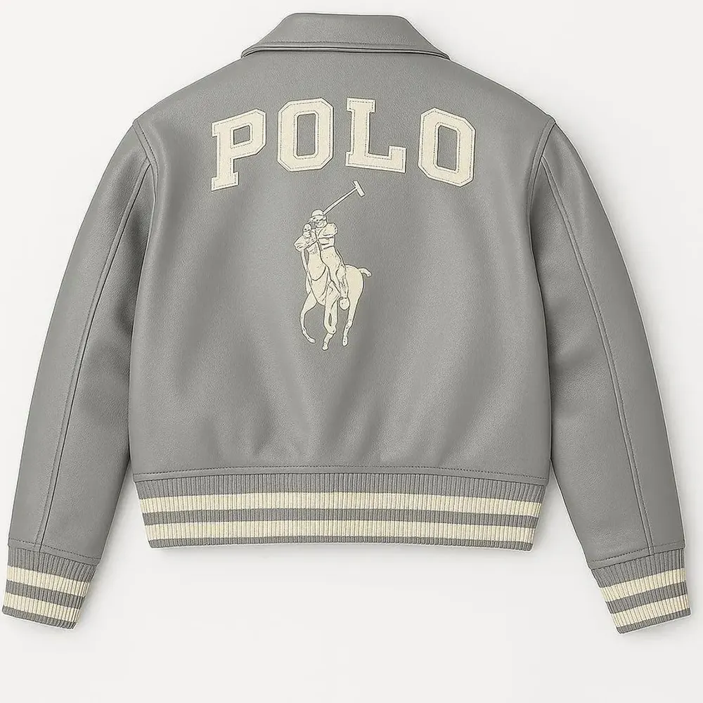 Grey Polo Rider Varsity Leather Jacket