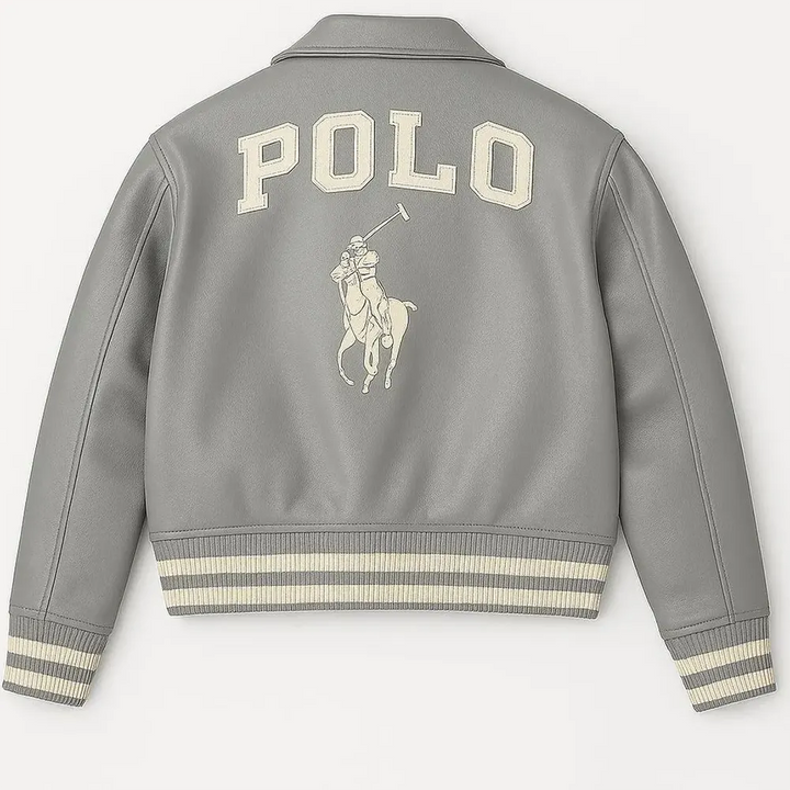 Grey Polo Rider Varsity Leather Jacket