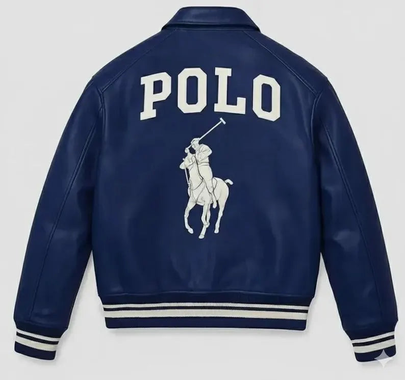 Men’s Navy Blue Leather Bomber Jacket, Equestrian Polo Varsity Style Outerwear