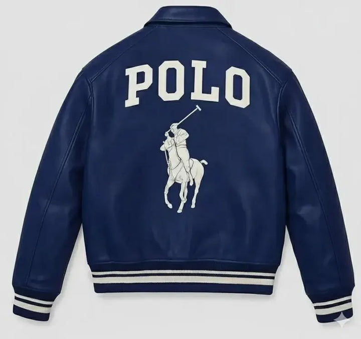 Men’s Navy Blue Leather Bomber Jacket, Equestrian Polo Varsity Style Outerwear