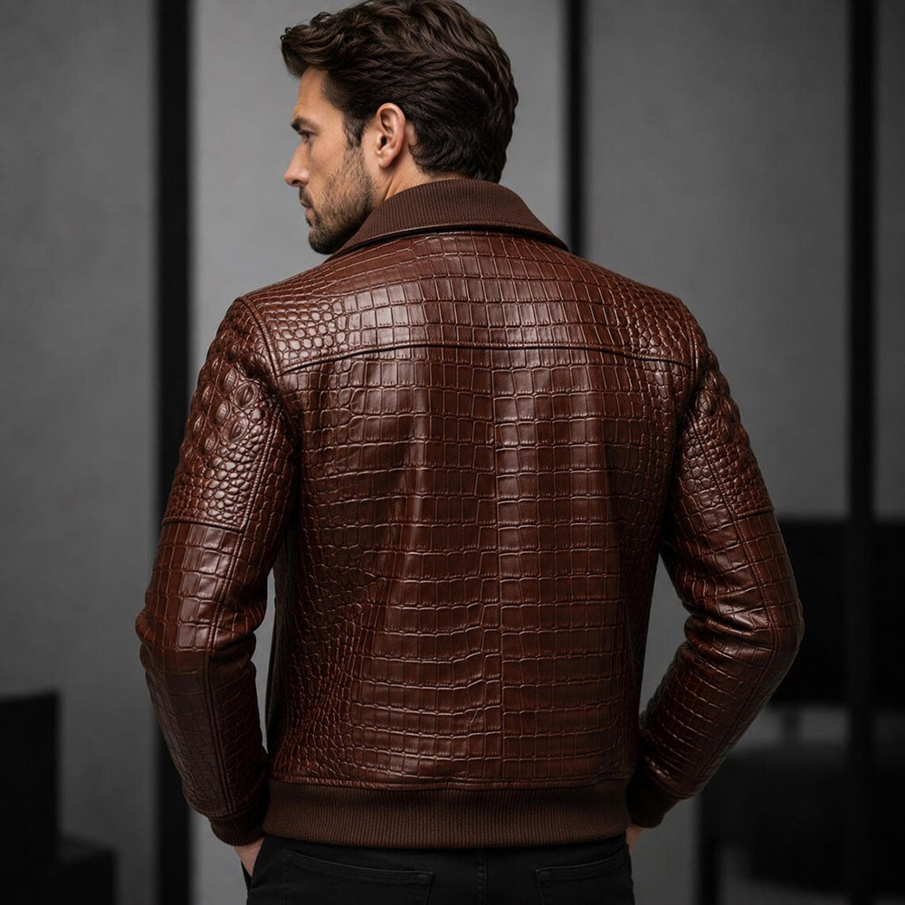 Mens Genuine Cowhide Croc Embossed Bomber Coat Brown Zip Up Outerwear