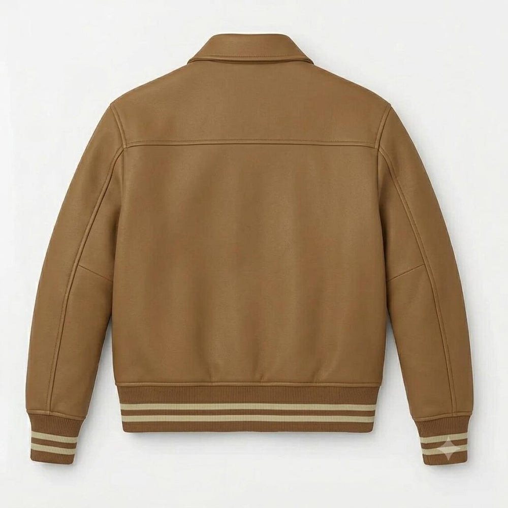 Tan Camel Leather Bomber Varsity Jacket Womens Unisex Retro Striped Cuff Gift
