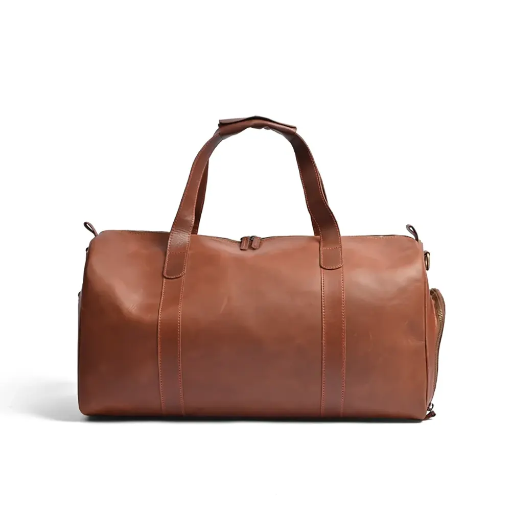 Camel Brown Premium Pull-Up Leather Duffle Bag Weekender Bag Full-Grain Cowhide