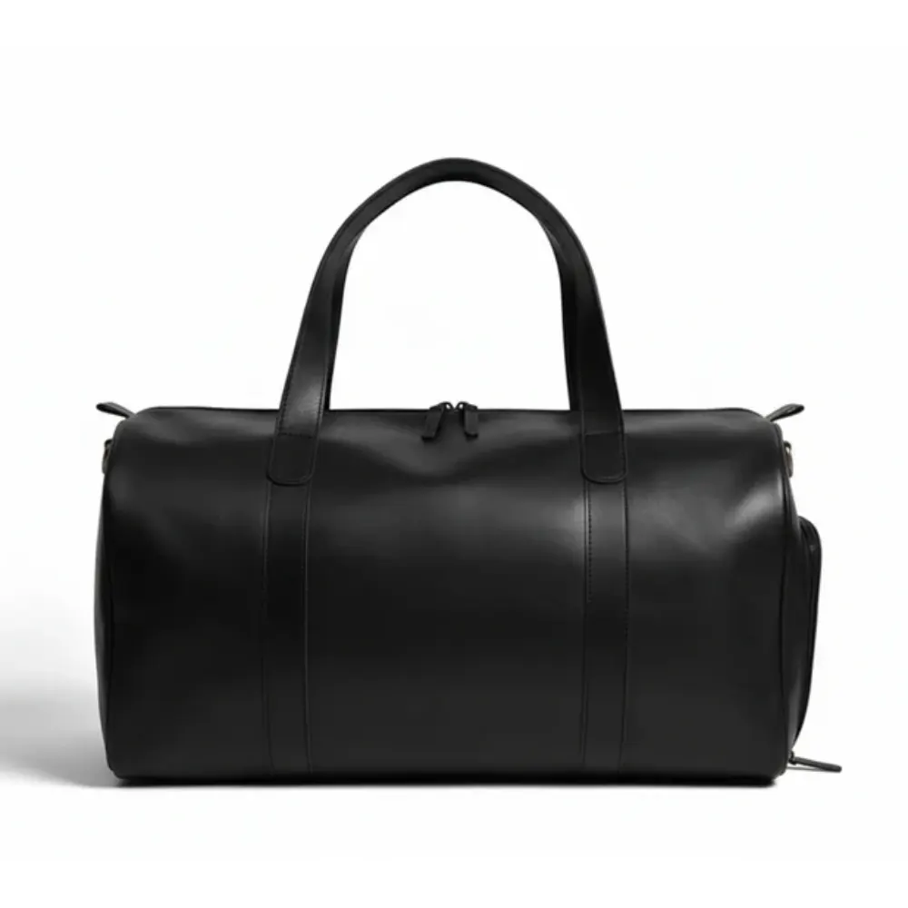 Premium Black Leather Duffel Weekender Travel Bag