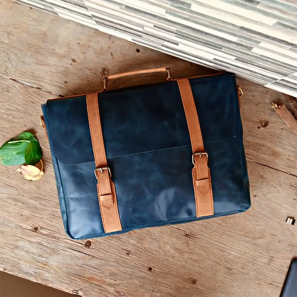 Navy Classic Leather Laptop Bag 14 & 15Blue & Tan Cow Leather
