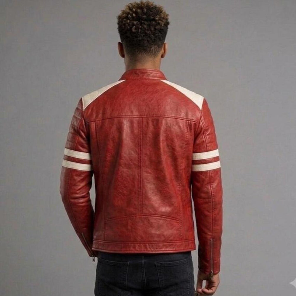 Men's Red Cowhide Leather Cafe Racer Jacket Racing Stripe Vintage Biker Moto