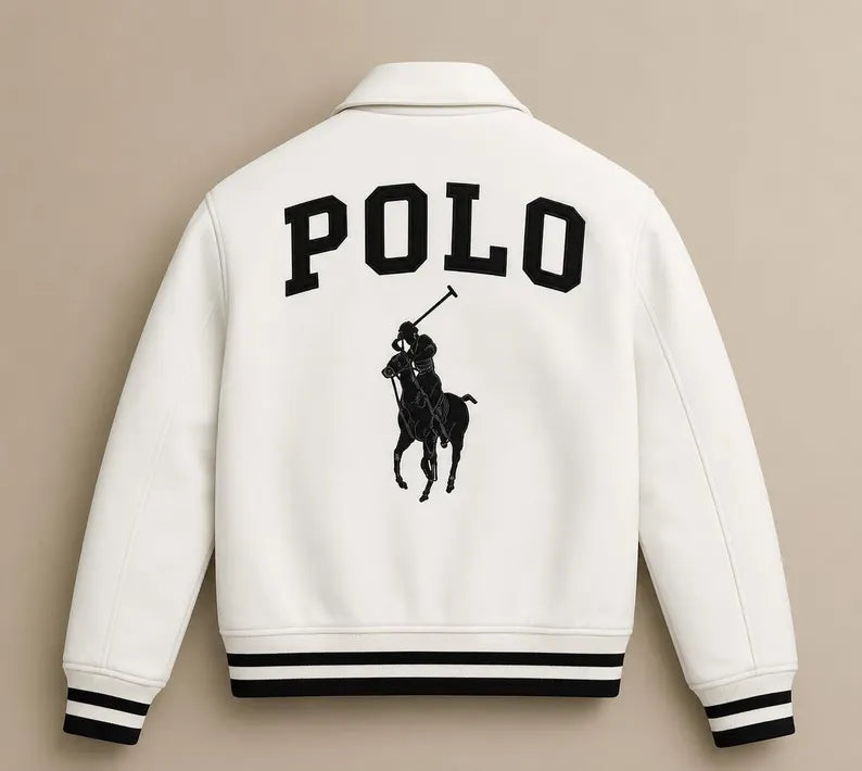 White Cowhide Leather Jacket, Leather Bomber, Equestrian Varsity Jacket, Unisex Polo Style Outerwear