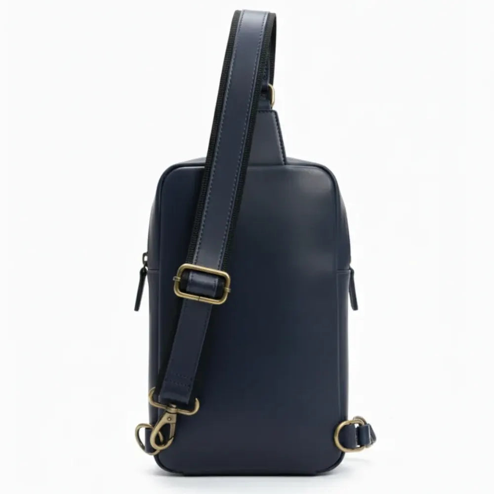 Navy Leather Sling Bag for Men & Women  Full-Grain Cowhide with Zipper