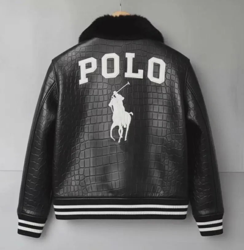 Genuine Polo Men's Black Cowhide Leather Bomber Jacket | Ralph Lauren Crocodile Leather