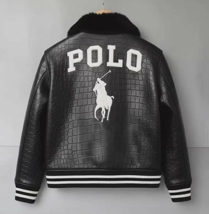 Genuine Polo Men's Black Cowhide Leather Bomber Jacket | Ralph Lauren Crocodile Leather