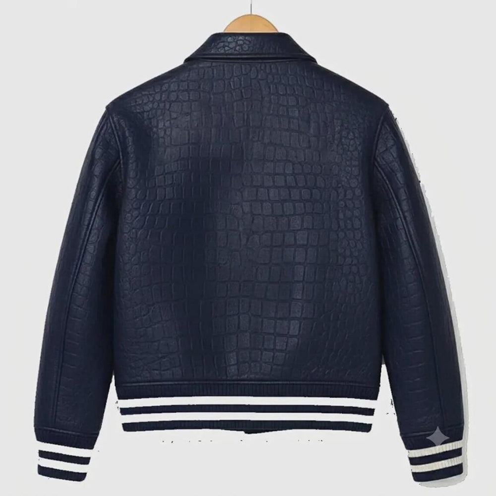 Navy Croc Emboss Leather Bomber Jacket | Unisex Genuine Cowhide Varsity Coat | Luxury Streetwear