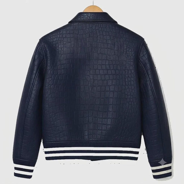 Navy Croc Emboss Leather Bomber Jacket | Unisex Genuine Cowhide Varsity Coat | Luxury Streetwear