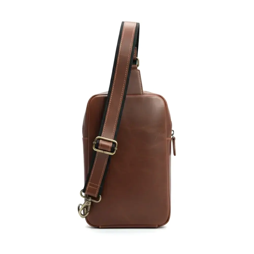 Brown Leather Sling Bag Full-Grain Pull-Up Cowhide Travel Bag