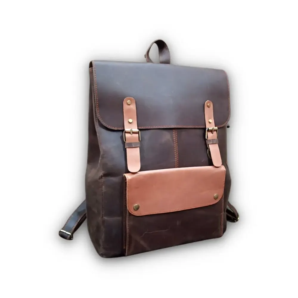Leather Laptop Backpack Dark Brown & Mustard Travel Backpack