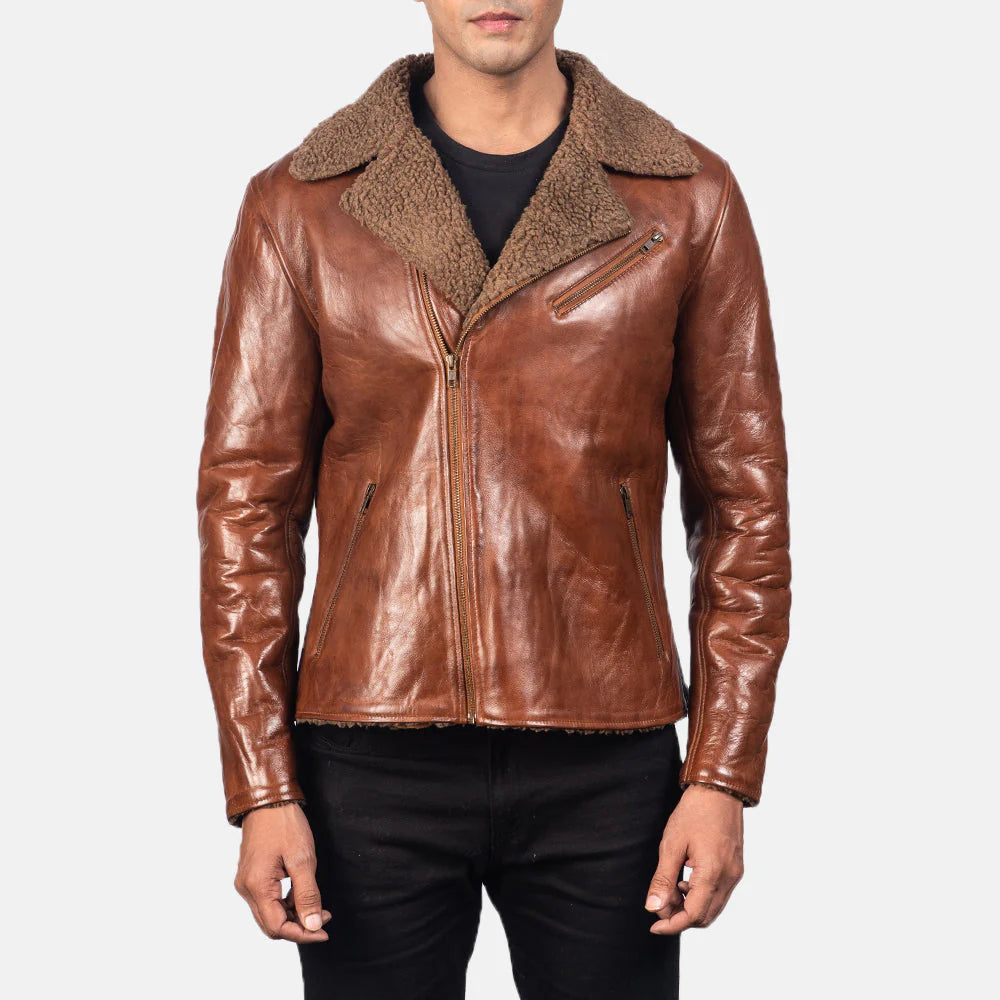 Alberto Shearling Brown Leather Biker Jacket