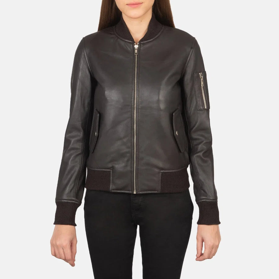 Custom Brown Leather Bomber Jacket