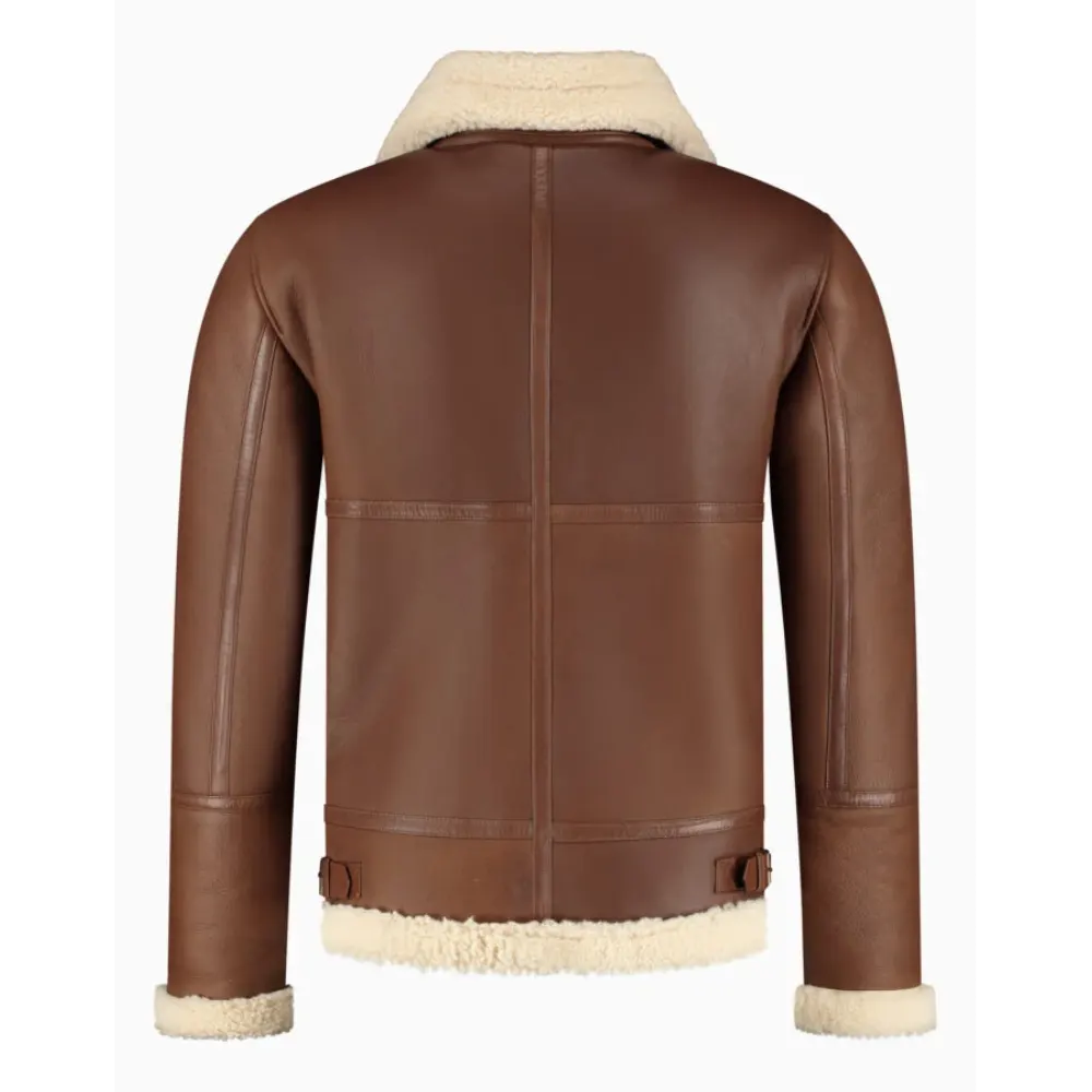 Men’s Shearling Jacket  Cognac Brown Lambskin & White Wool Winter Jacket