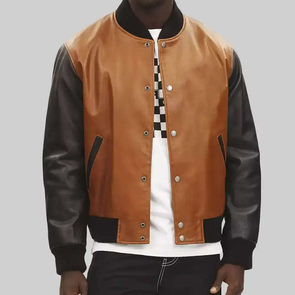 Men’s Brown and Black Leather Varsity Jacket