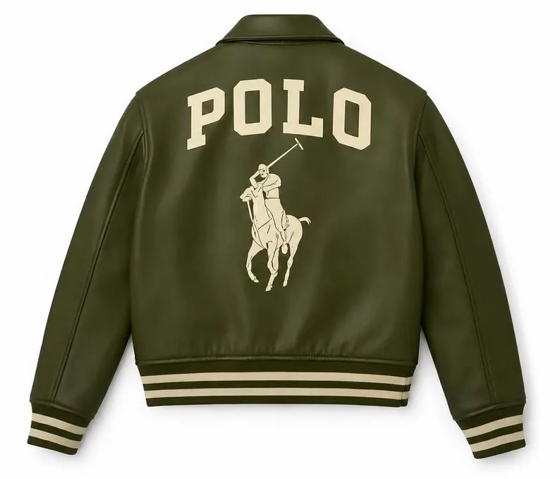 Cowhide Leather Bomber Jacket, Green Leather Jacket, Polo Style Equestrian Back Graphic, Unisex Vintage Varsity Outerwear