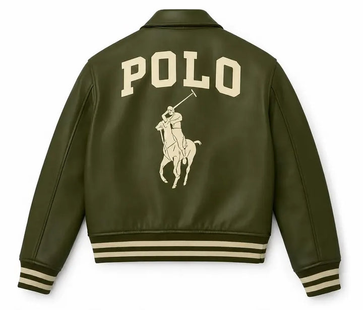 Cowhide Leather Bomber Jacket, Green Leather Jacket, Polo Style Equestrian Back Graphic, Unisex Vintage Varsity Outerwear