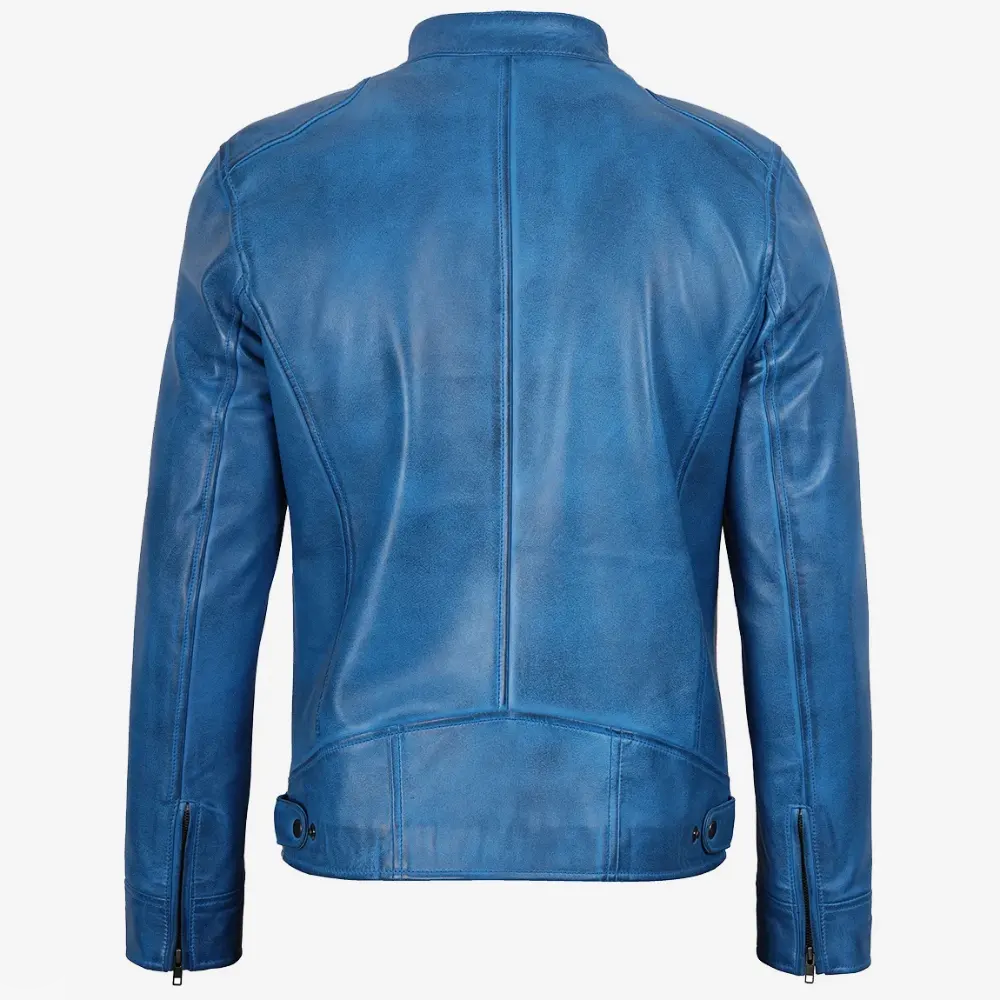 Dodge Mens Cafe Racer Blue Leather Jacket