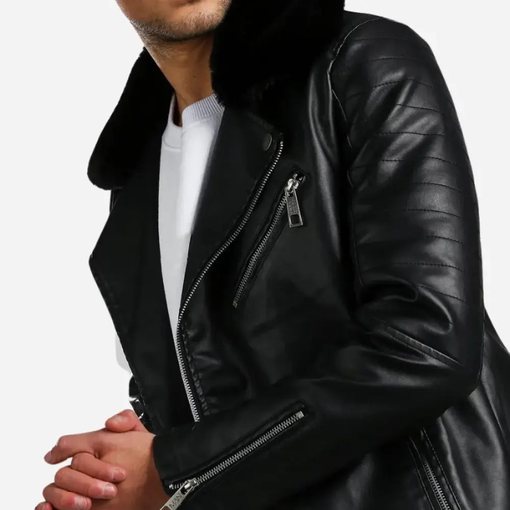 Mens Leather Biker Jacket With Fur Collar