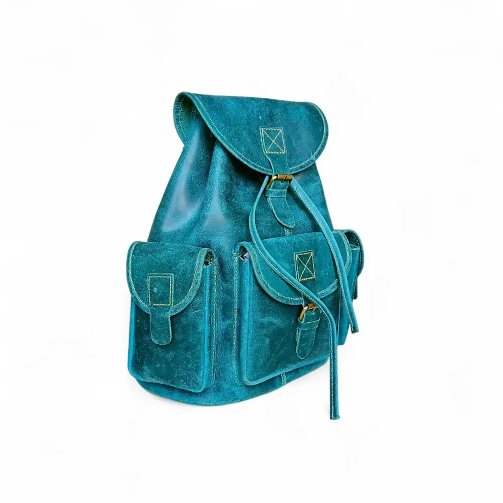 Leather Backpack Ocean Green Genuine Leather Vintage Style Multi-Pocket
