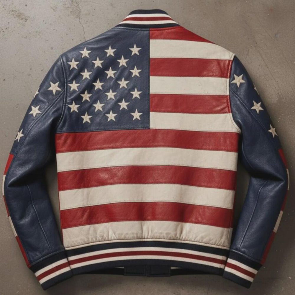 Men’s USA Flag Genuine Cowhide Leather Jacket – American Patriotic Biker Motorcycle Coat
