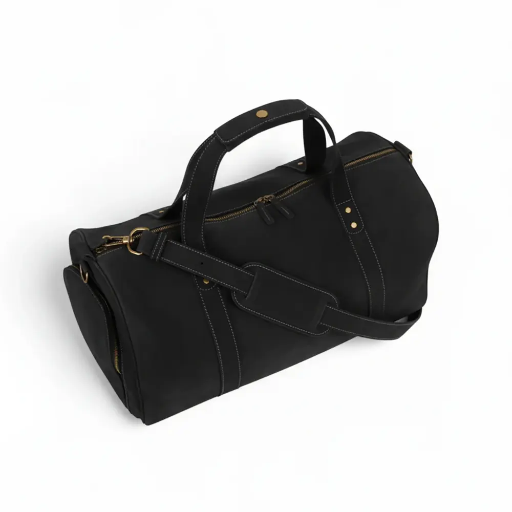Black Leather Duffel Bag Premium Travel & Gym Holdall with Shoe Compartment