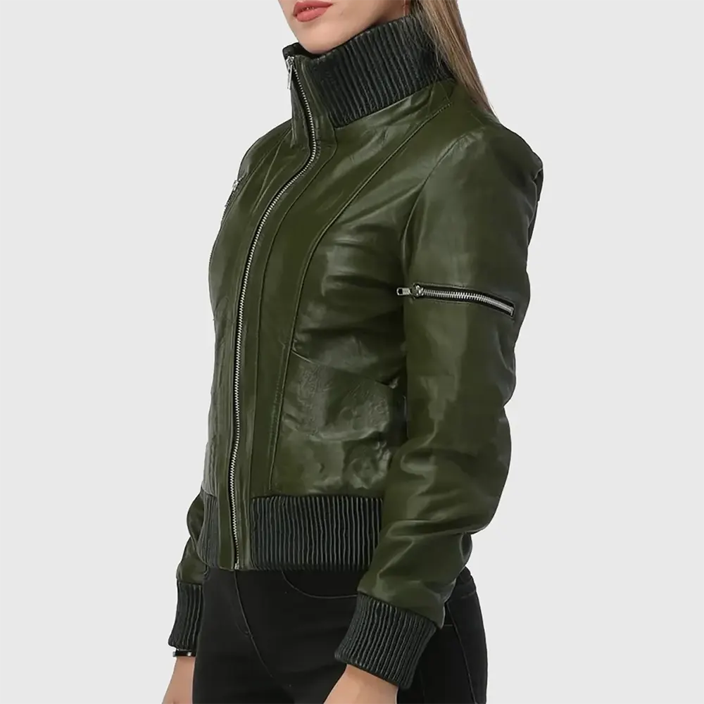 Cheryl Womens Green Bomber Leather Jacket