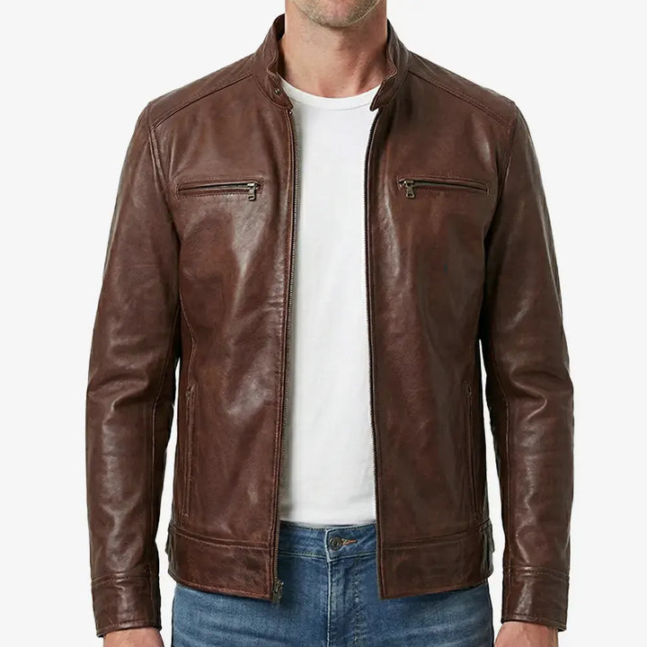 Dodge Men's Cognac Cafe Racer Leather Jacket