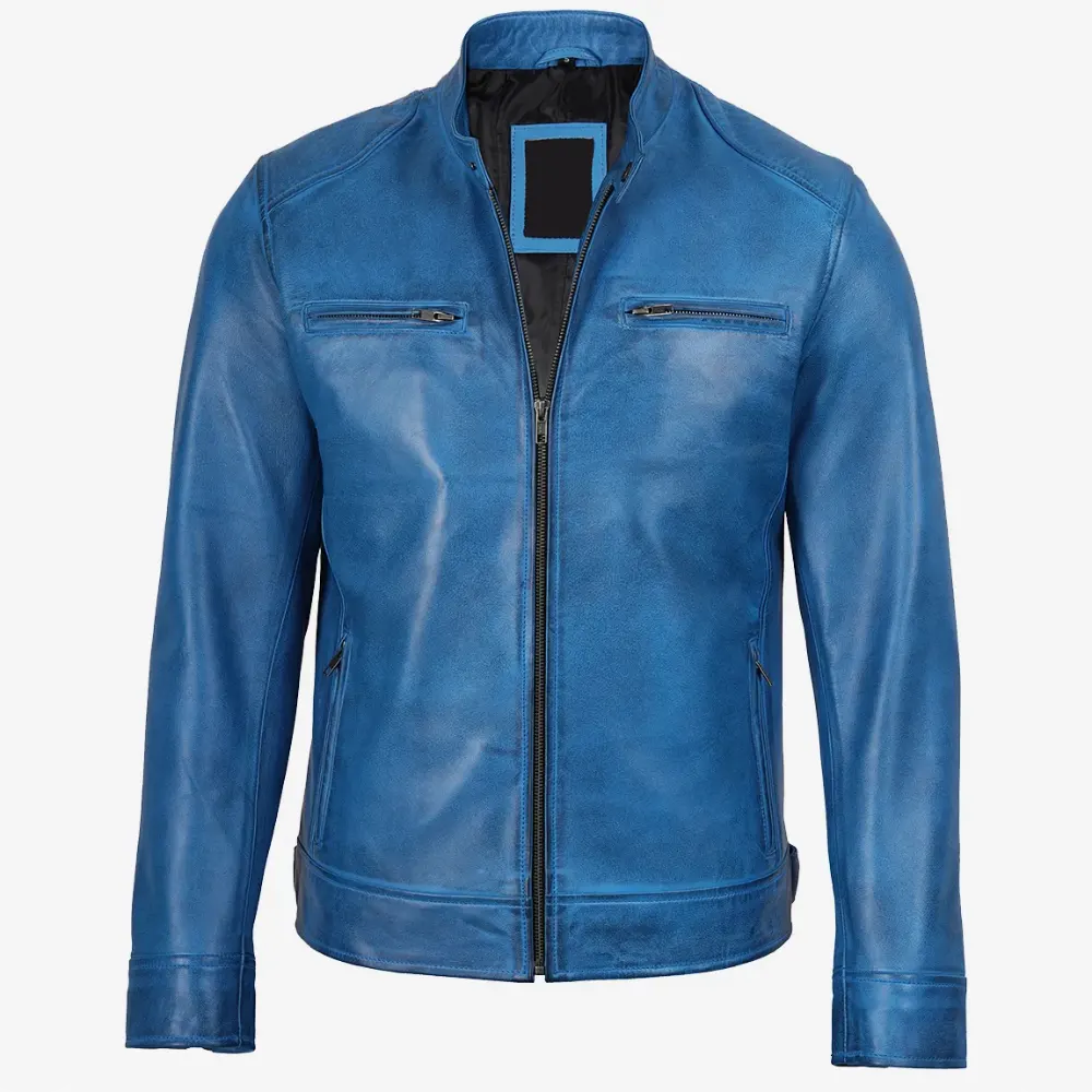Dodge Mens Cafe Racer Blue Leather Jacket