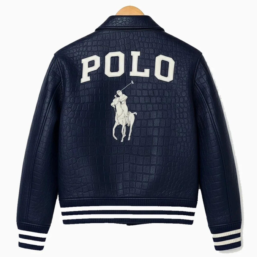 Polo Ralph Lauren Genuine Cowhide Crocodile Embossed Leather Jacket/Men Polo Blue Embroidery Leather Jacket