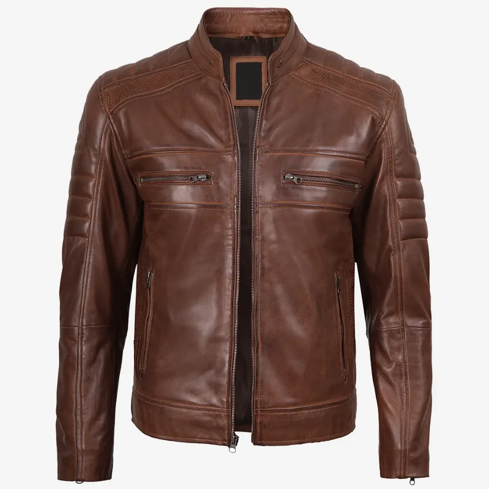 Austin Men Cafe Racer Cognac Brown Leather Jacket