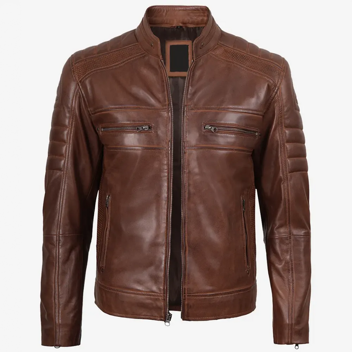 Austin Men Cafe Racer Cognac Brown Leather Jacket
