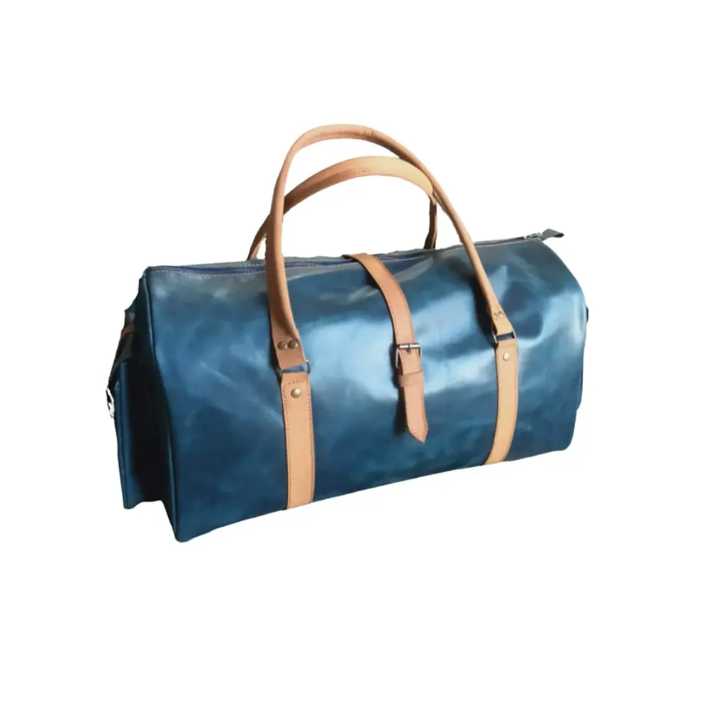 Navy Leather Duffel Bag weekender Premium Cow Pull-Up Travel Holdall
