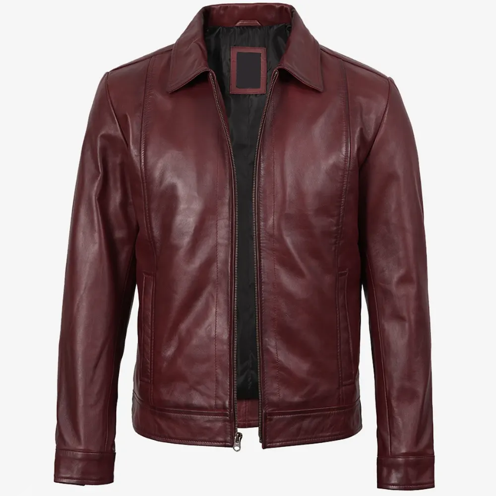 Reeves Men's Burgundy Leather Harrington Jacket — Waxed
