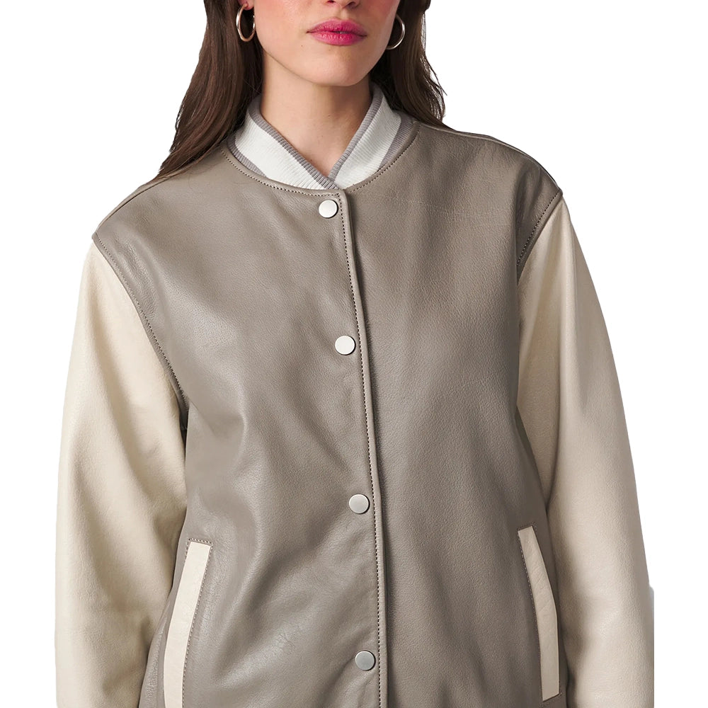 Clara Oversized Beige Bomber Varsity Leather Jacket Women’s